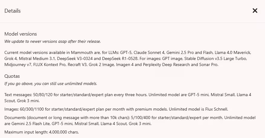 Mammouth AI details and quota