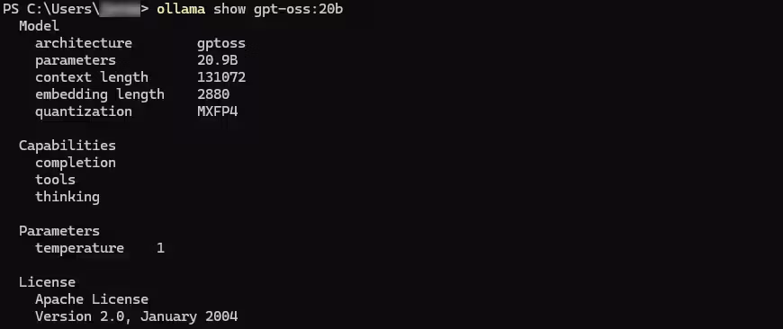 ollama show gpt-oss 20b