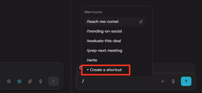 Comet Perplexity create a shortcut command