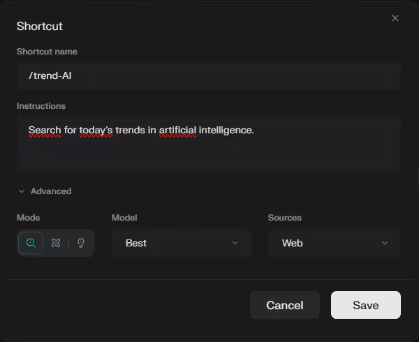 Comet Perplexity create shortcut
