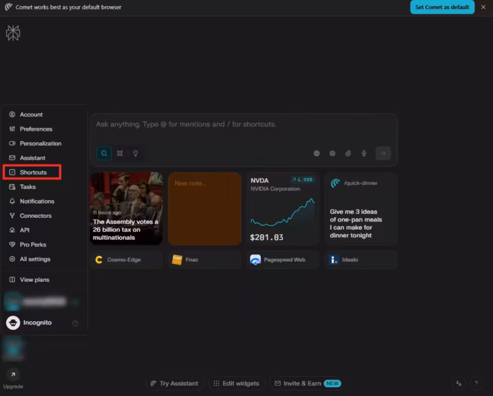 Comet Perplexity manage shortcuts