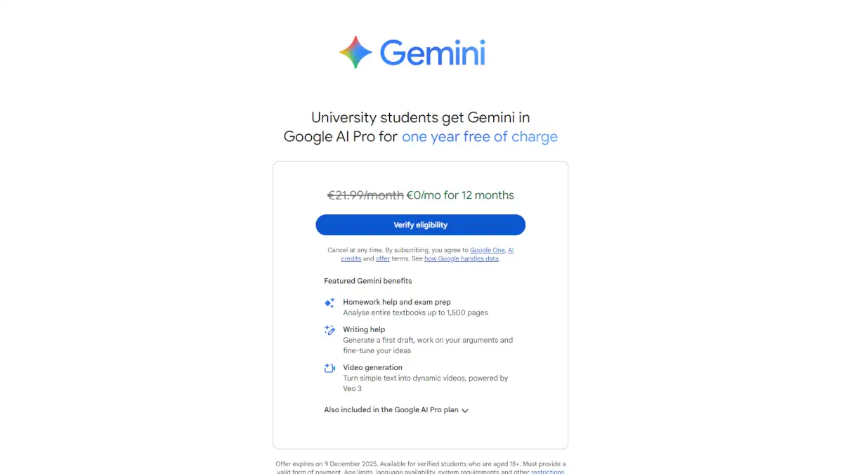 Google offers 1 year of Gemini AI Pro