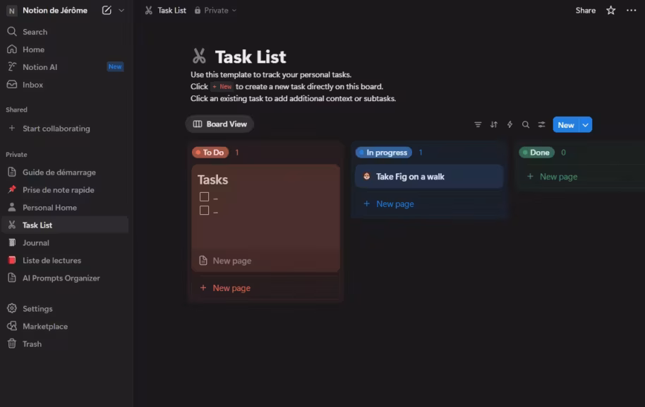 Notion interface tasks list
