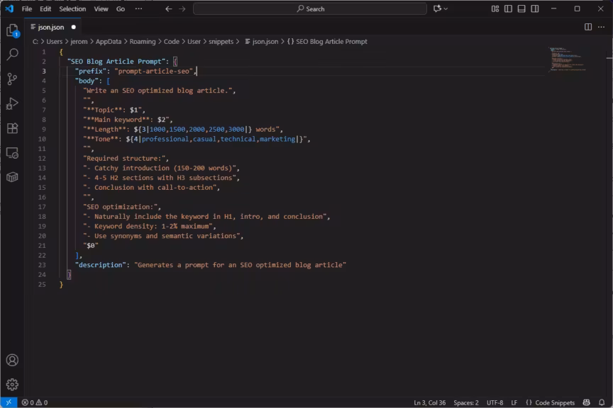 snippet prompt IA with VS Code