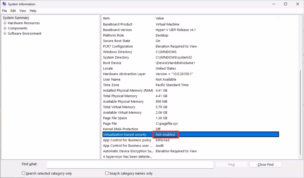 Windows 11 Check VBS status with msinfo32
