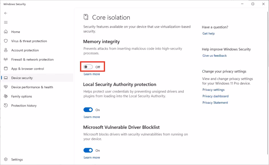 Windows 11 memory integrity activate or disable